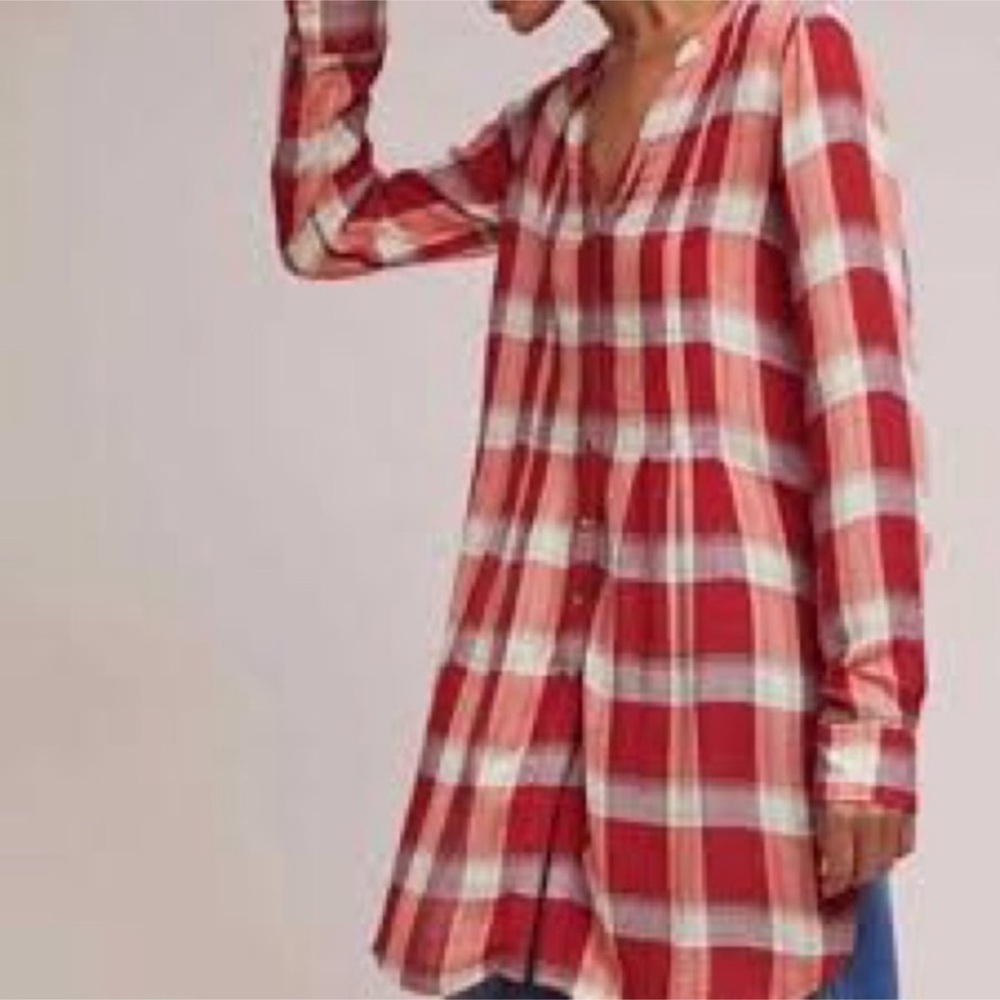 ANTHRO AKEMI + KIN Lucie Plaid Red Flannel Longlined Buttondown Top Tunic - Picture 2 of 4